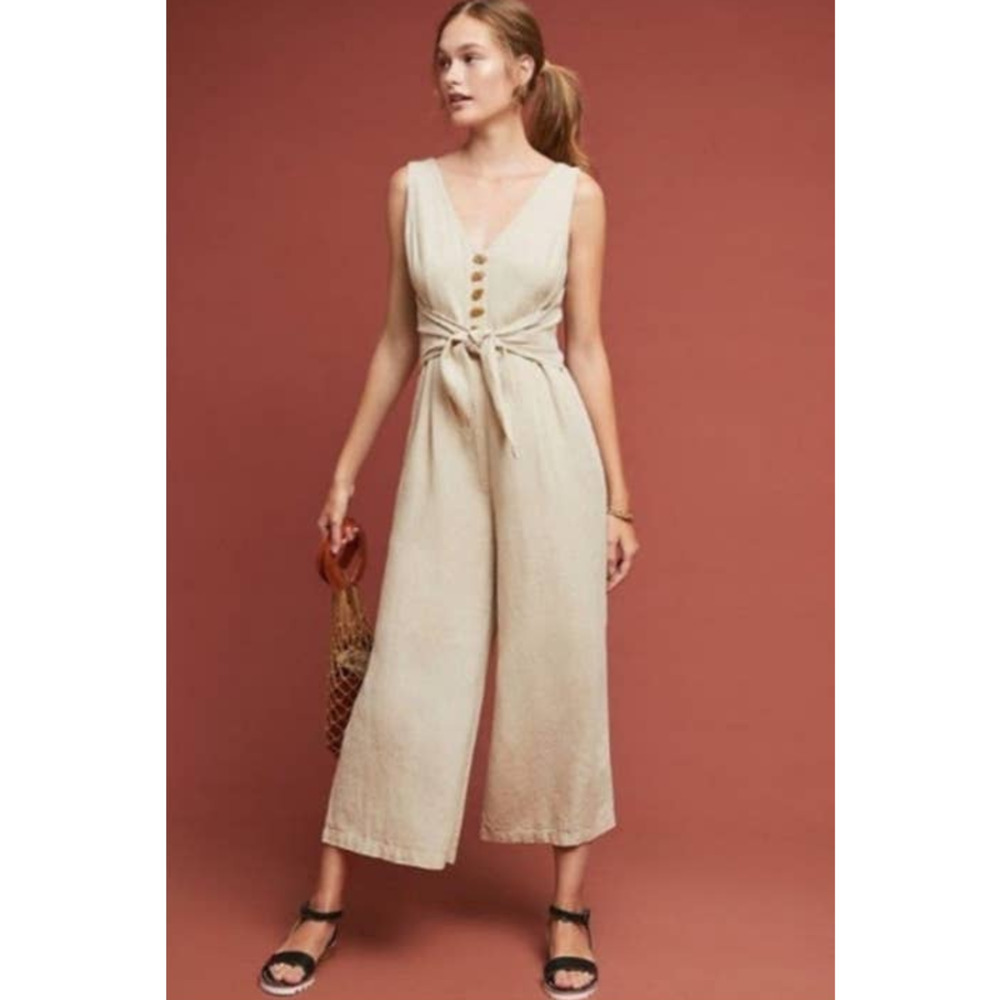 Maeve Beige Linen Blend Getaway Button Front Culotte Jumpsuit Sz. 4